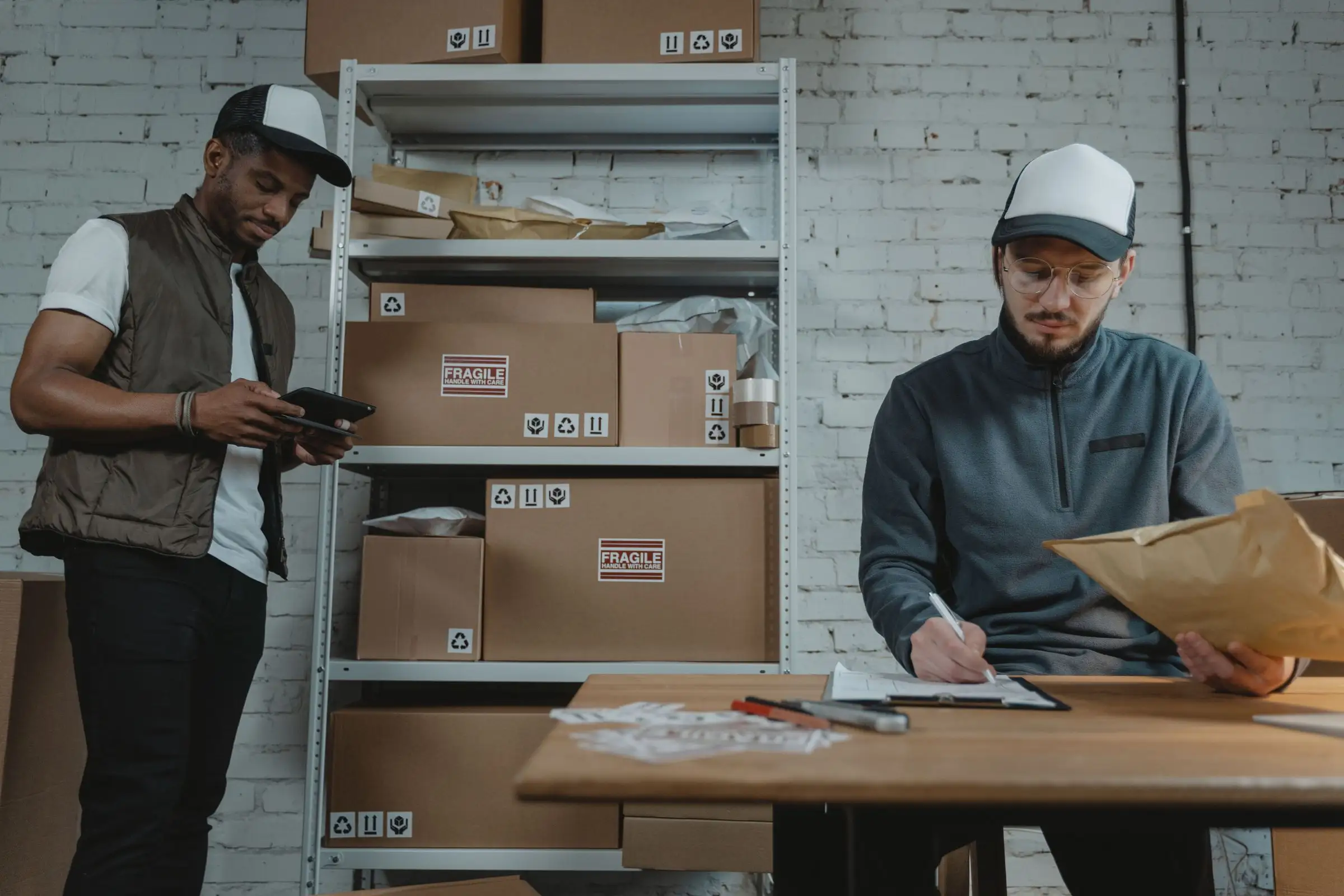 Two people checking inventory in a stockroom